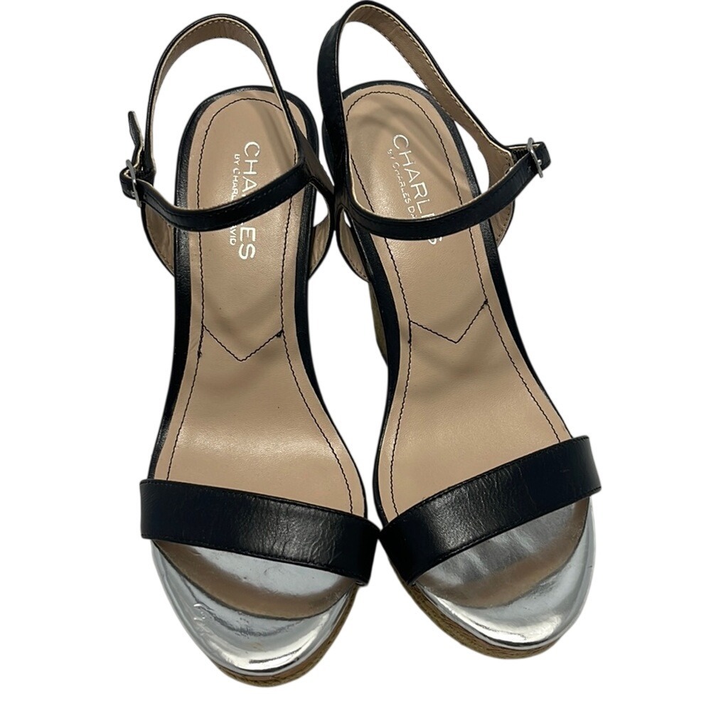 Charles by Charles David‎ Black Silver Cork Espadrille Wedge Sandals Size 6.5